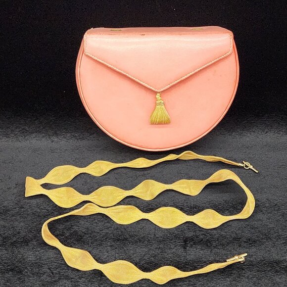 Pink Salmon Leather Bag Gold Mesh Strap Small Hard Case Sondra Robert Vintage - Picture 2 of 15